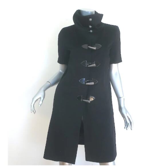 Jenni Kayne Black Toggle Coat Funnel Neck Wool Layering Leather Trim 4 - Picture 3 of 10